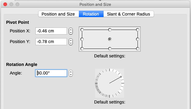 Position and Size dialog for drawing object, Rotation tab