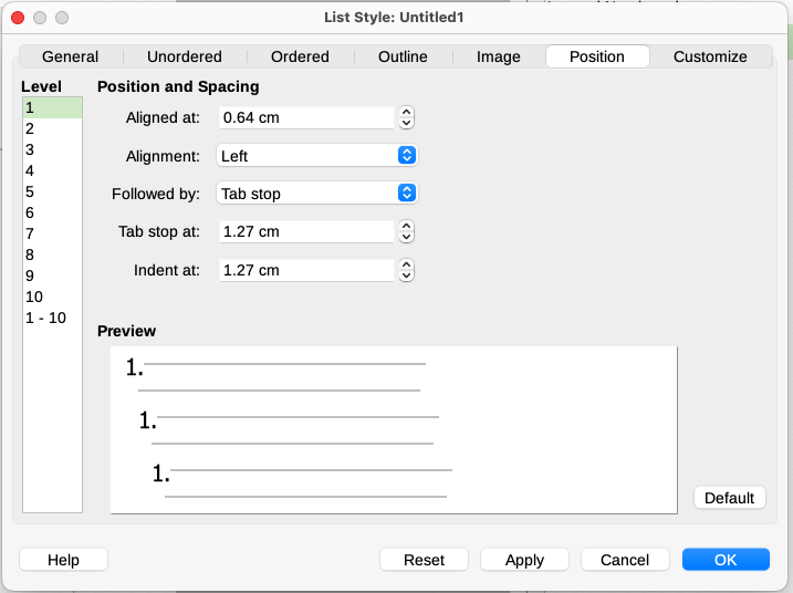  Position tab of the List Style dialog