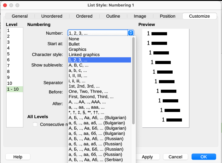 Select a numbering style from the Customize tab