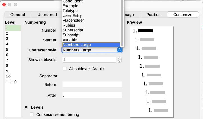 Choosing the character style for the numbers of a list