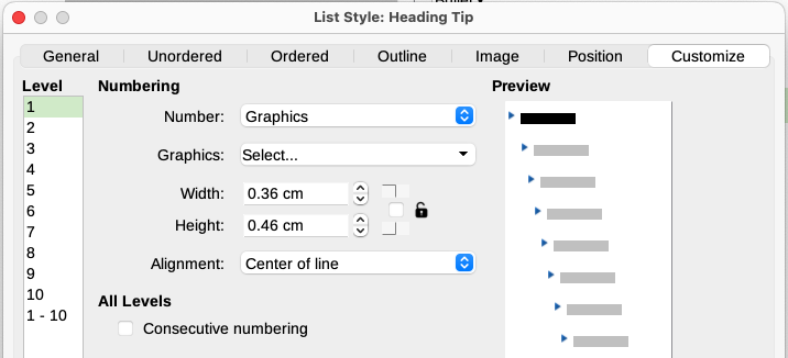 Customizing the size and alignment of the bullet image