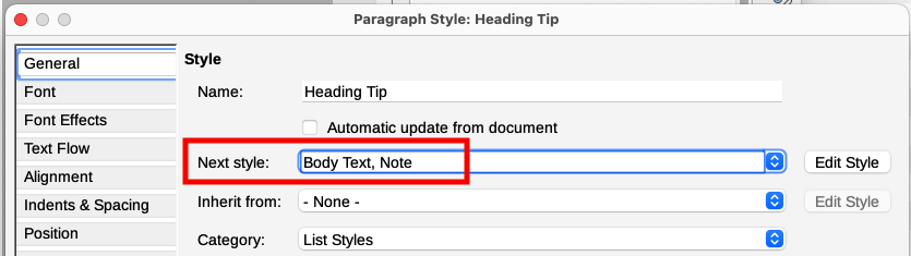 Specifying the Next style for the Heading Tip style