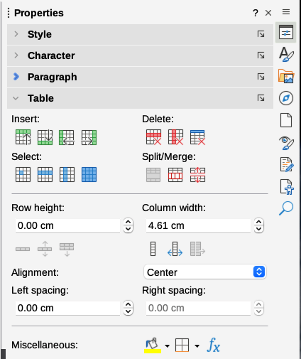 Table properties in the Sidebar