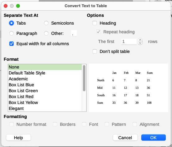 Convert Text to Table dialog