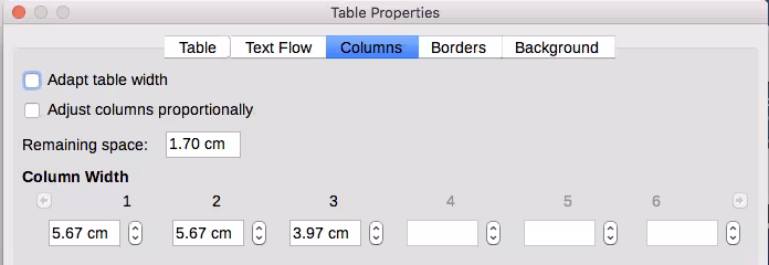 Table Properties dialog, Columns tab