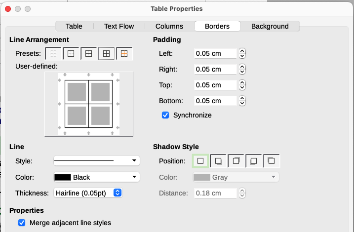 Table Properties dialog, Borders page