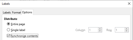 Options tab of the Labels dialog