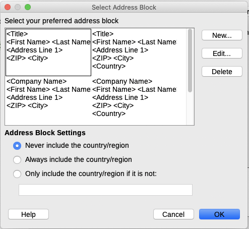 Select Address Block dialog