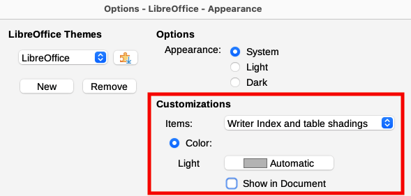 Turning off gray background for tables of contents