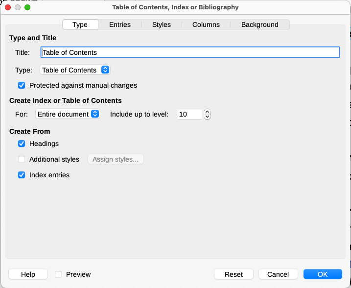 Type tab of Table of Contents, Index or Bibliography dialog