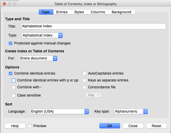 Type tab for an alphabetic index