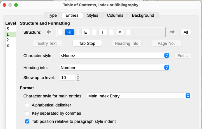 Entries tab for an alphabetical index