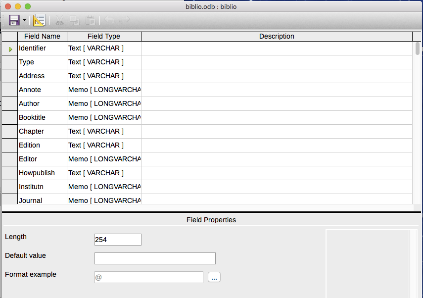 Modify table properties window