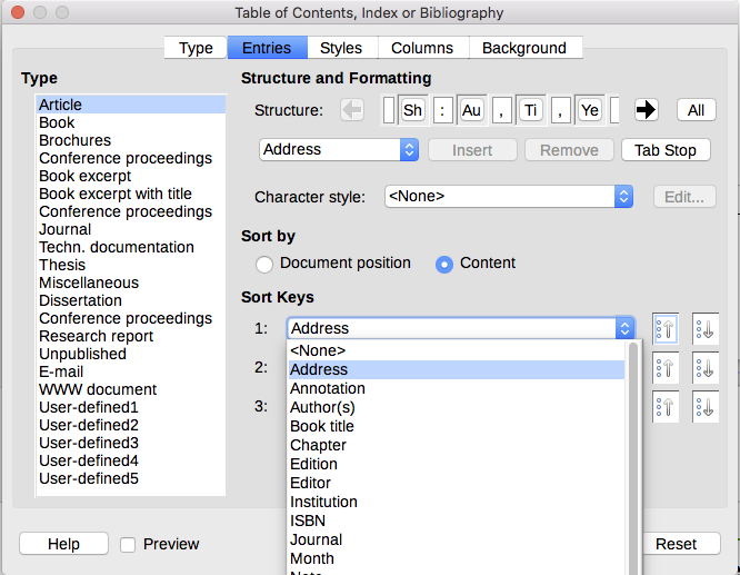 Entries tab for bibliographies