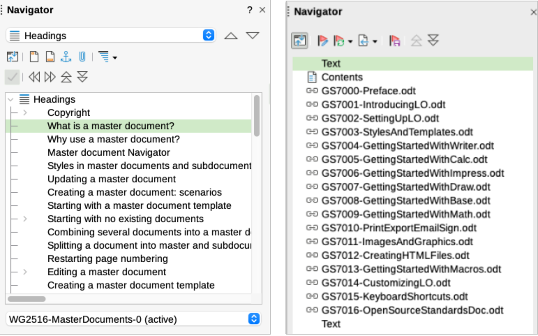 Navigator for a text document (left) and for a master document (right)