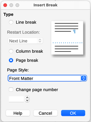 Inserting a page break between the title page and the front matter