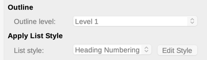 Outline & List tab of Paragraph Style dialog for Heading 1