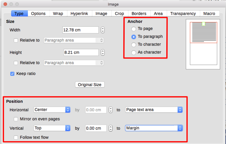 Anchoring an image and setting its position on a page