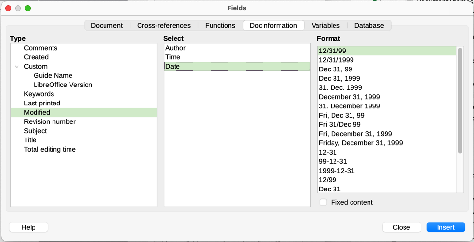 Inserting a Date Modified field using the DocInformation tab of the Fields dialog