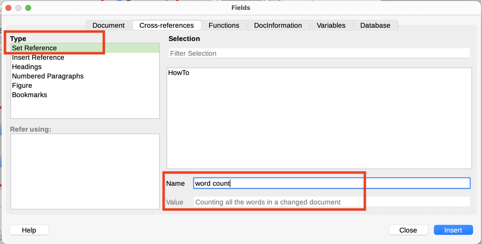 Setting text to be used as a target for a cross-reference