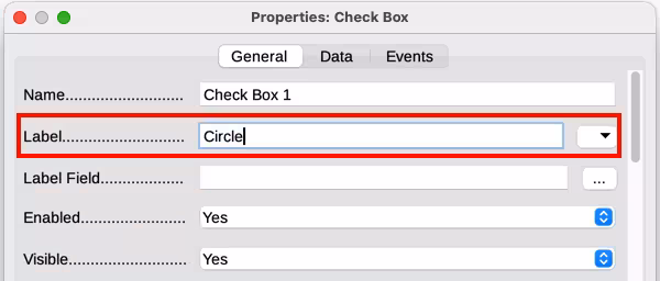 Top part of Properties dialog for a check box