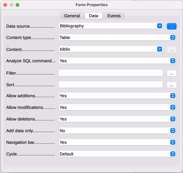 Form properties, connecting to a data source