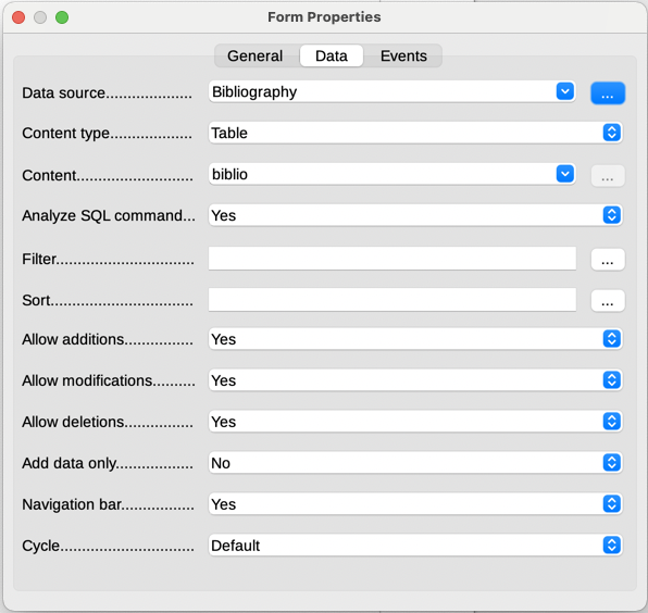 Form properties, connecting to a data source