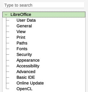 Left side of Options dialog