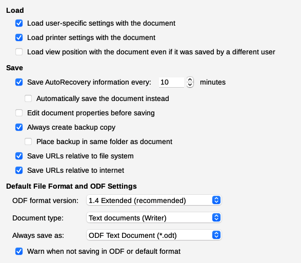 Choosing Load and Save options