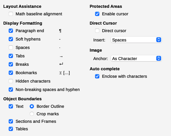 Choosing default Formatting Aids options