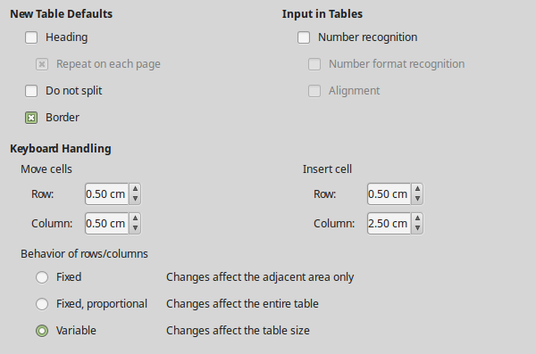 Choosing default Table options