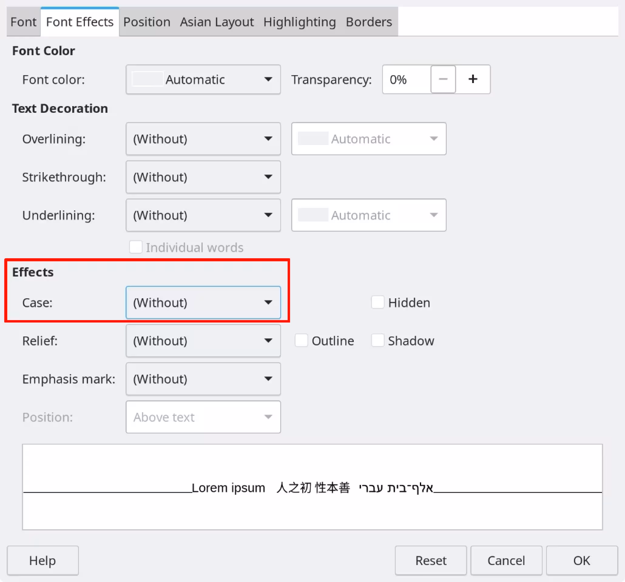 Changing the case using the Character dialog