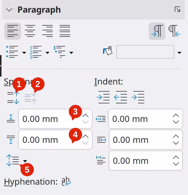 Spacing options in the Paragraph panel of the Properties deck in the Sidebar