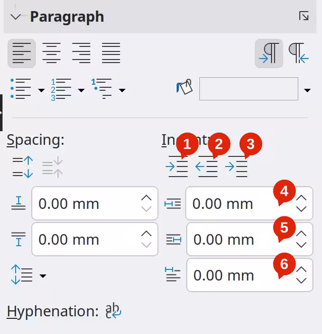 Indentation options in the Paragraph panel of the Properties deck in the Sidebar