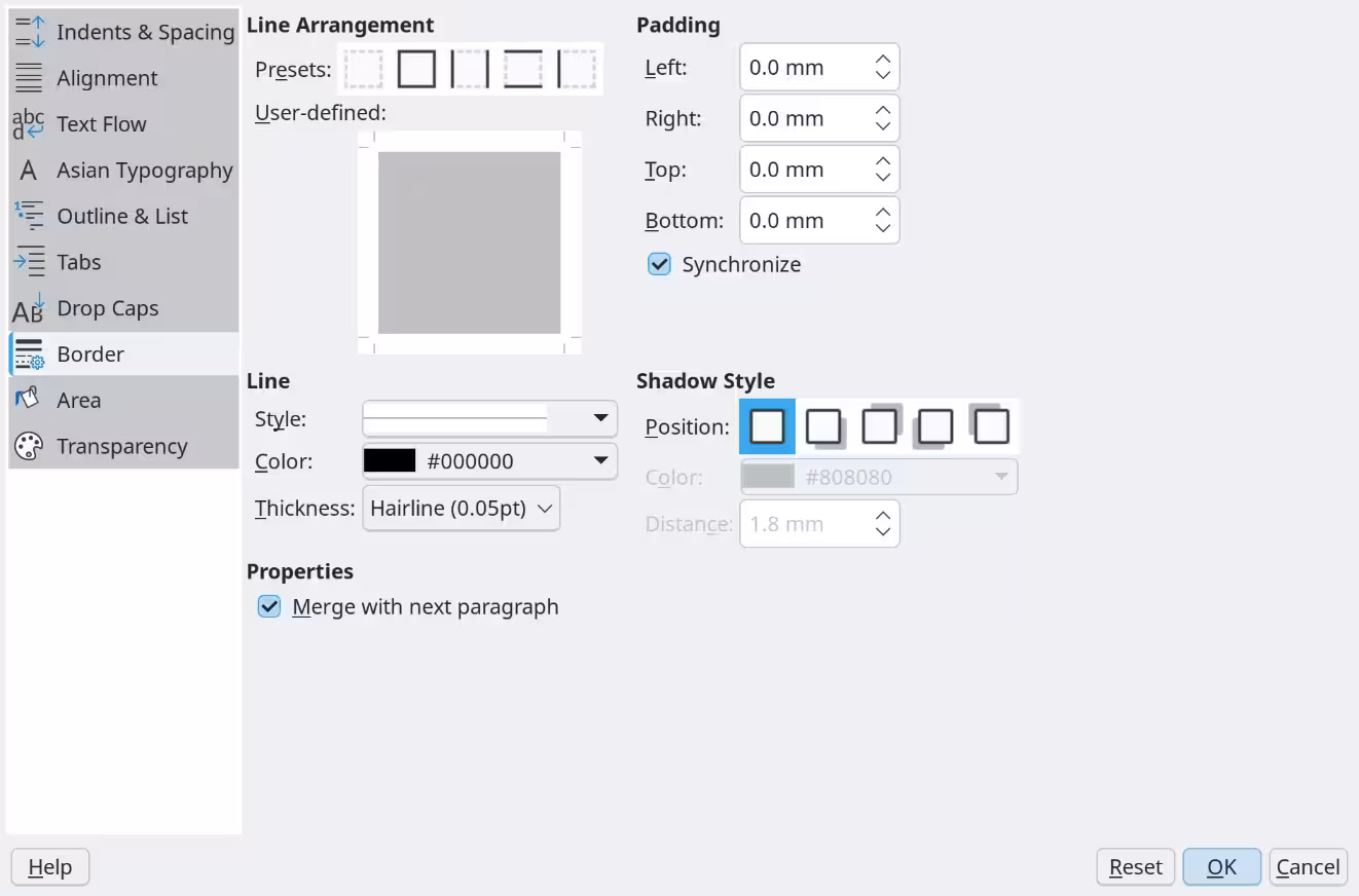 Options for paragraph borders