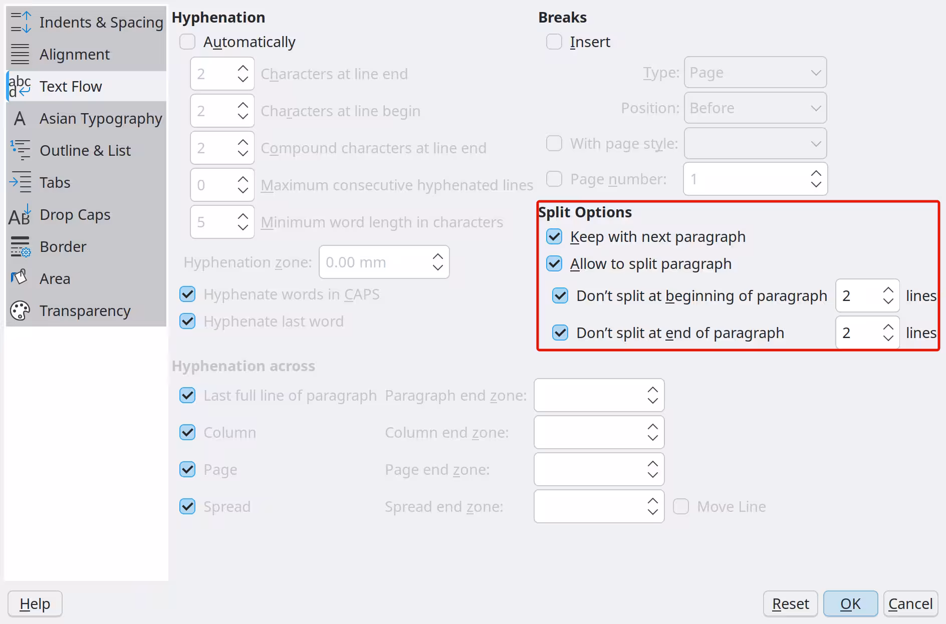Options for text flow: hyphenation, breaks, and keeping text together