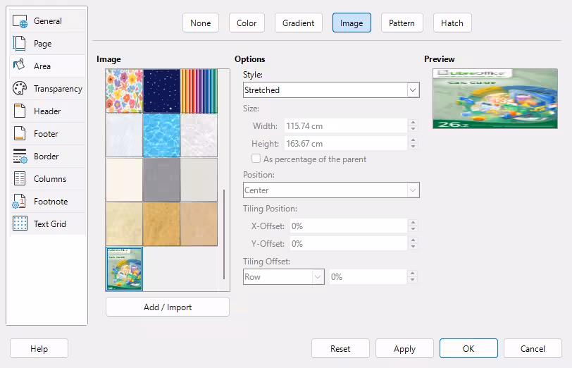 Page Style dialog: Area tab showing image choices