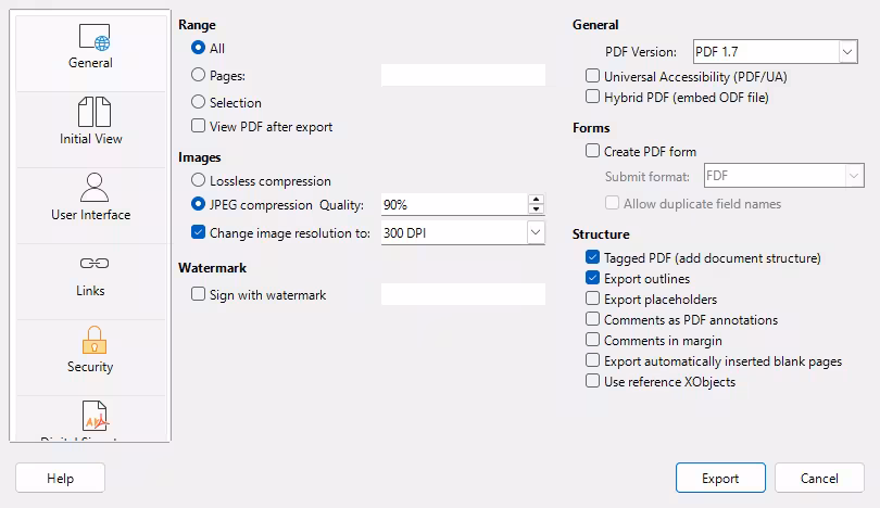 General tab of PDF Options dialog