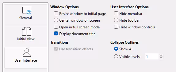 User Interface tab of PDF Options dialog