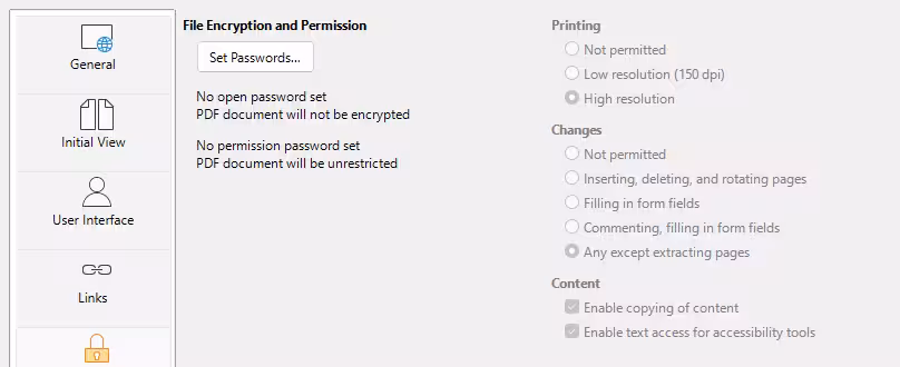 Security tab of PDF Options dialog with Permissions password set