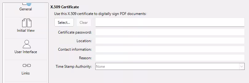 Digital Signatures tab of PDF Options dialog