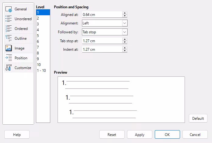 Position settings for a List style