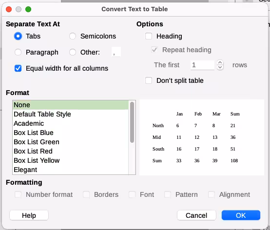 Convert Text to Table dialog