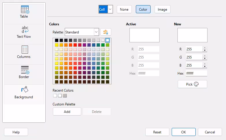 Table Properties dialog: inserting an image as a background
