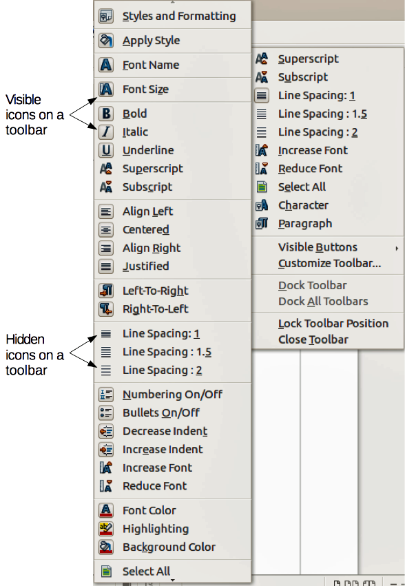 Toolbar context menu and selection of visible toolbar icons
