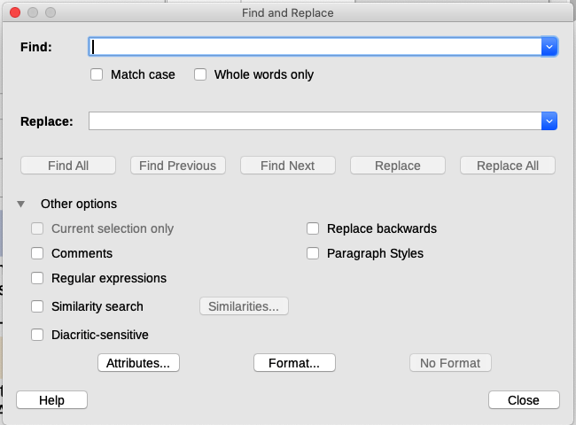Expanded Find & Replace dialog