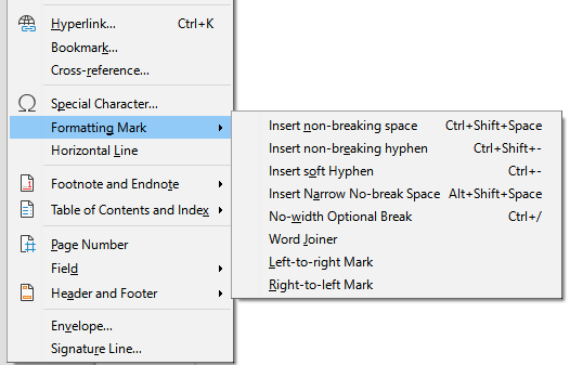Insert > Formatting Mark submenu