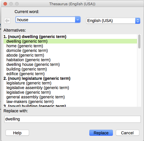 The thesaurus offers alternatives to words