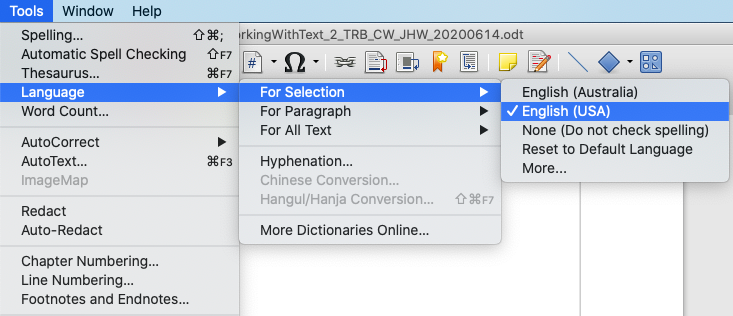 Options available through Tools > Language on the Menu bar
