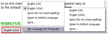 Language choices on the Status bar